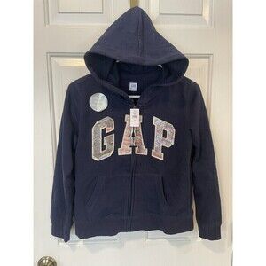 GAP Zip Up Hooded Sweatshirt Navy Blue Sparkle Sequin Logo Girls Nwt Size 12 XL
